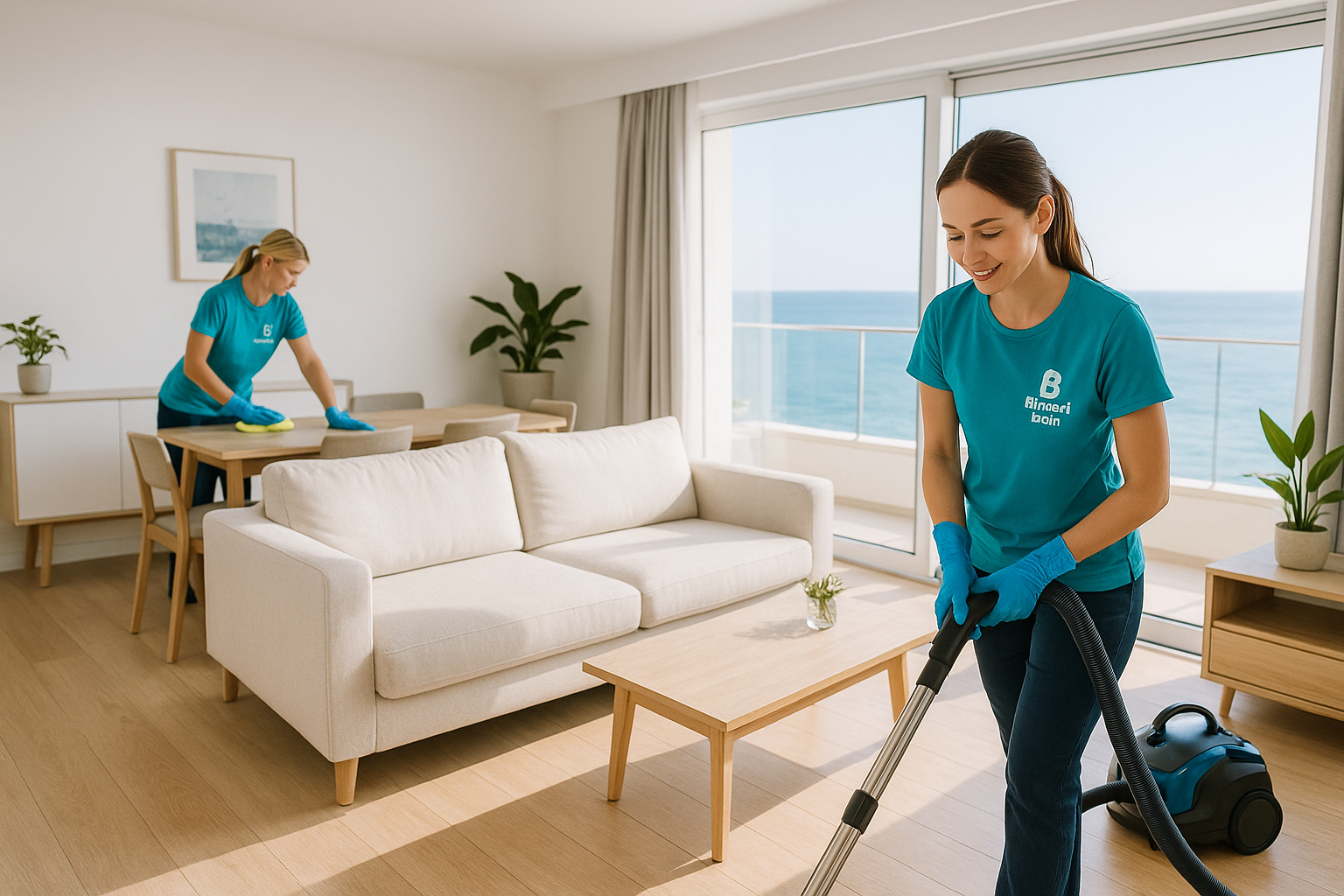 Tim Blistavi Dom radi generalno čišćenje u modernom apartmanu uz more